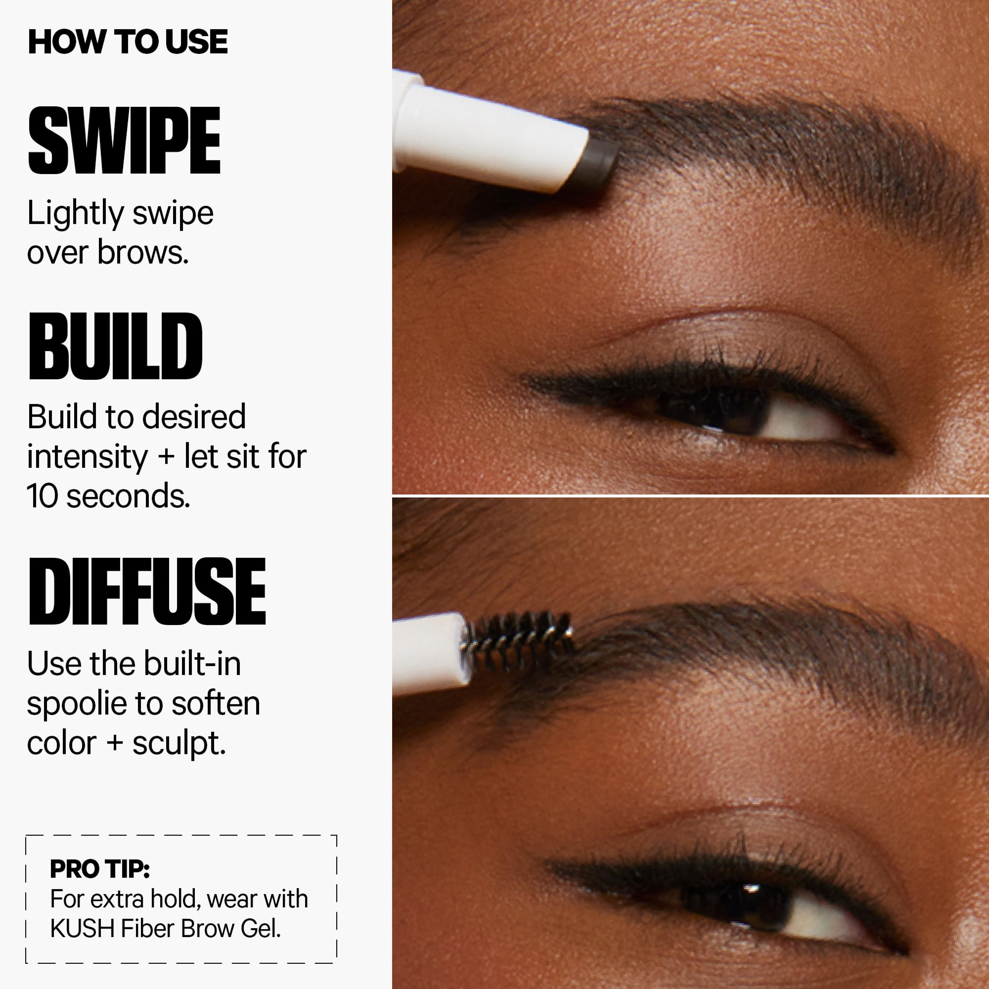 Milk Makeup KUSH Brow Shadow Stick contains hemp oil to nourish brows.
