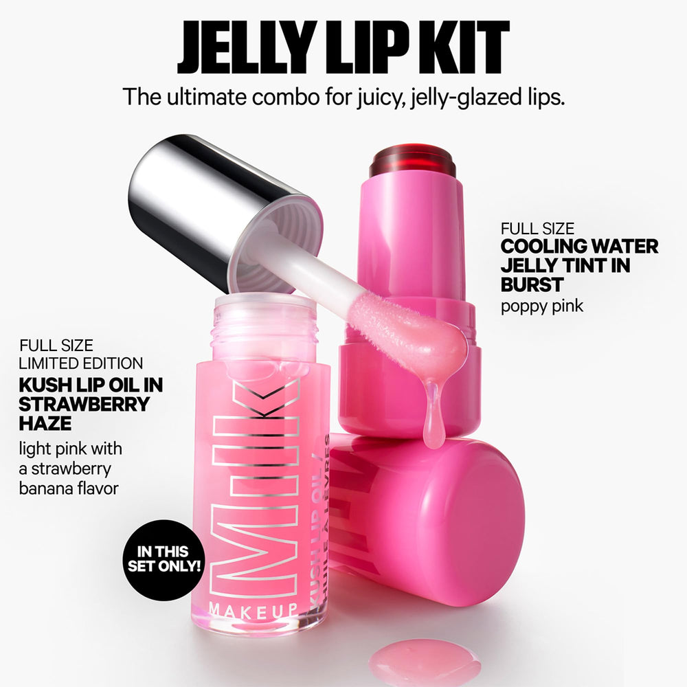 Milk Makeup Kush Lip Oil Strawberry Haze bottle shows glossy hydration