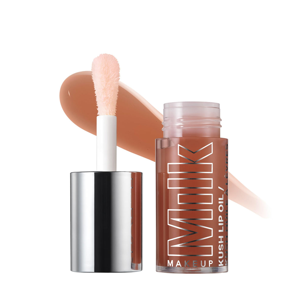 Milk Makeup KUSH lip oil bottle with Chocolate Cake glaze for glossy hydration