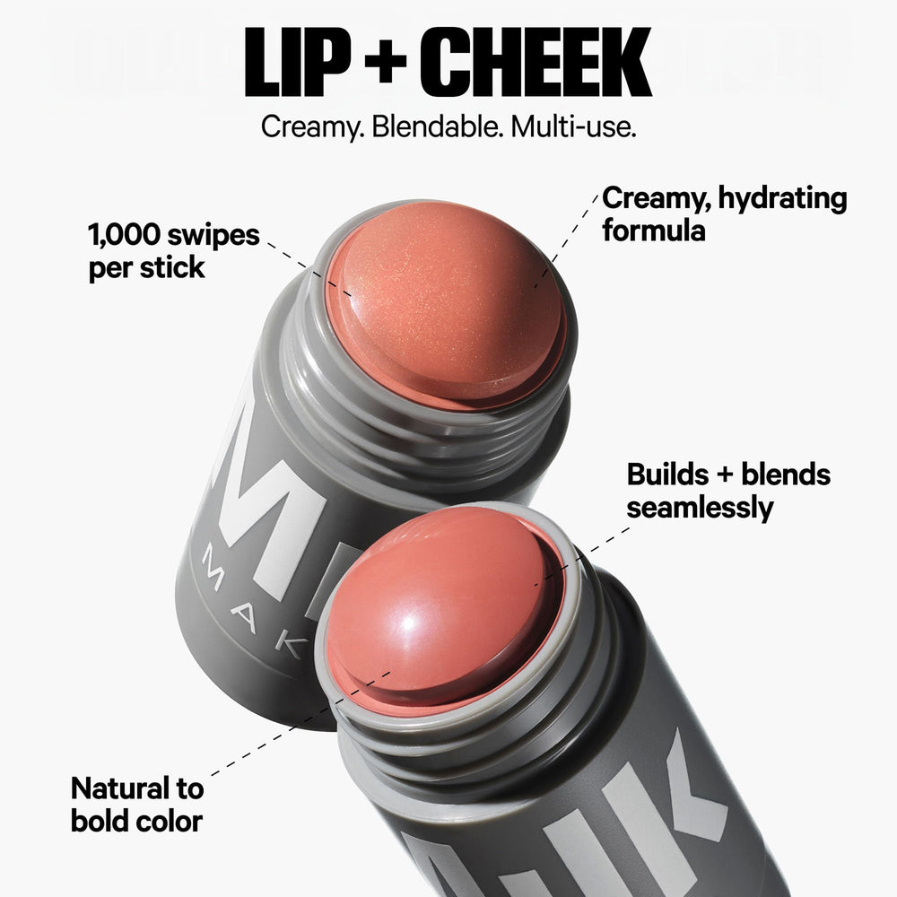Milk Makeup Lit champagne highlighter on cheekbone for radiant glow.
