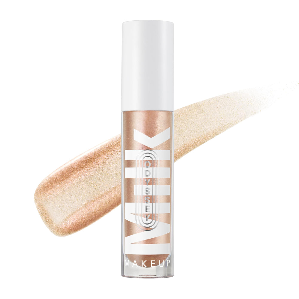 Milk Makeup Odyssey Lip Gloss packaging close-up shows a premium vegan bottle