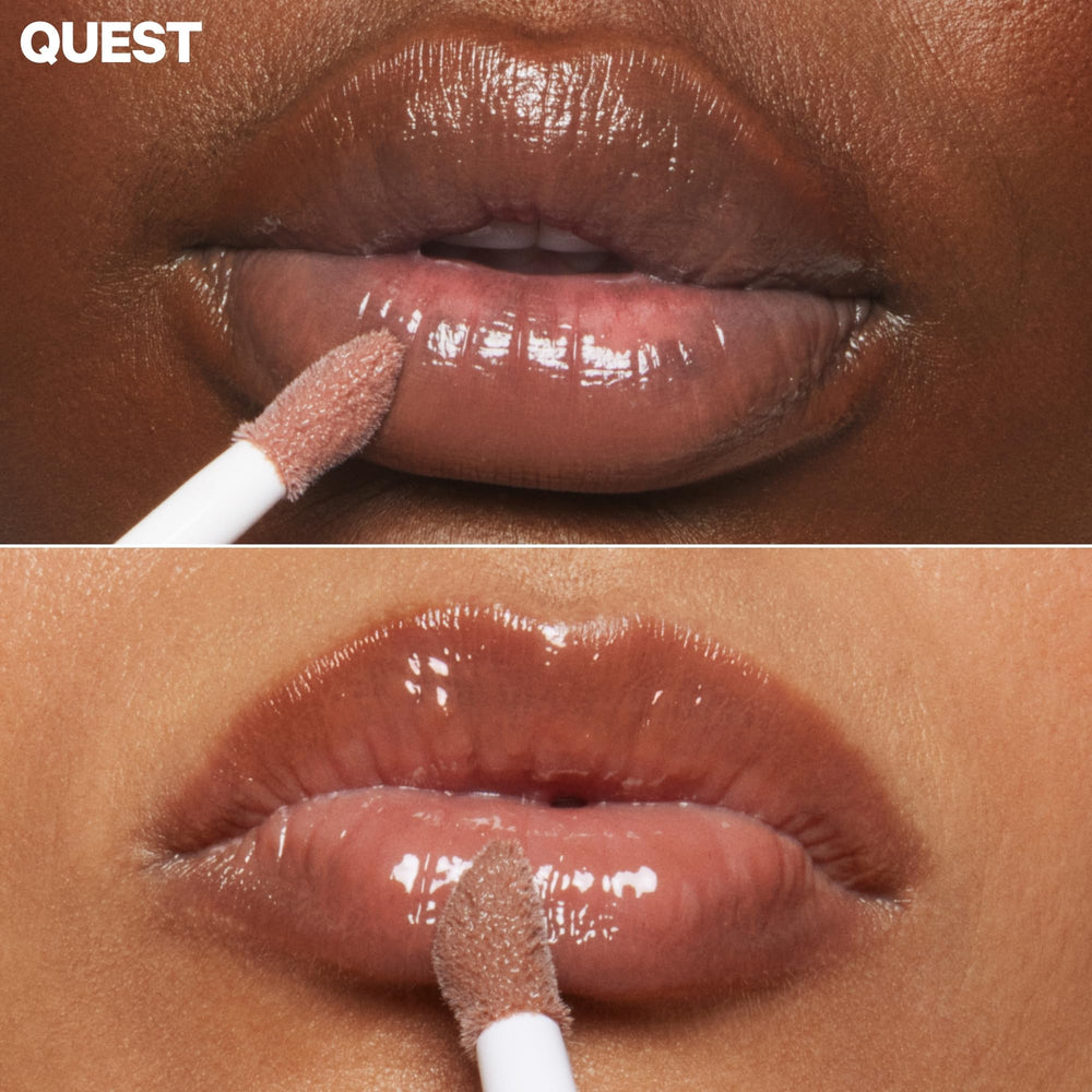 Milk Makeup Odyssey Lip Gloss Quest semi-opaque shade shot captures radiant gloss.
