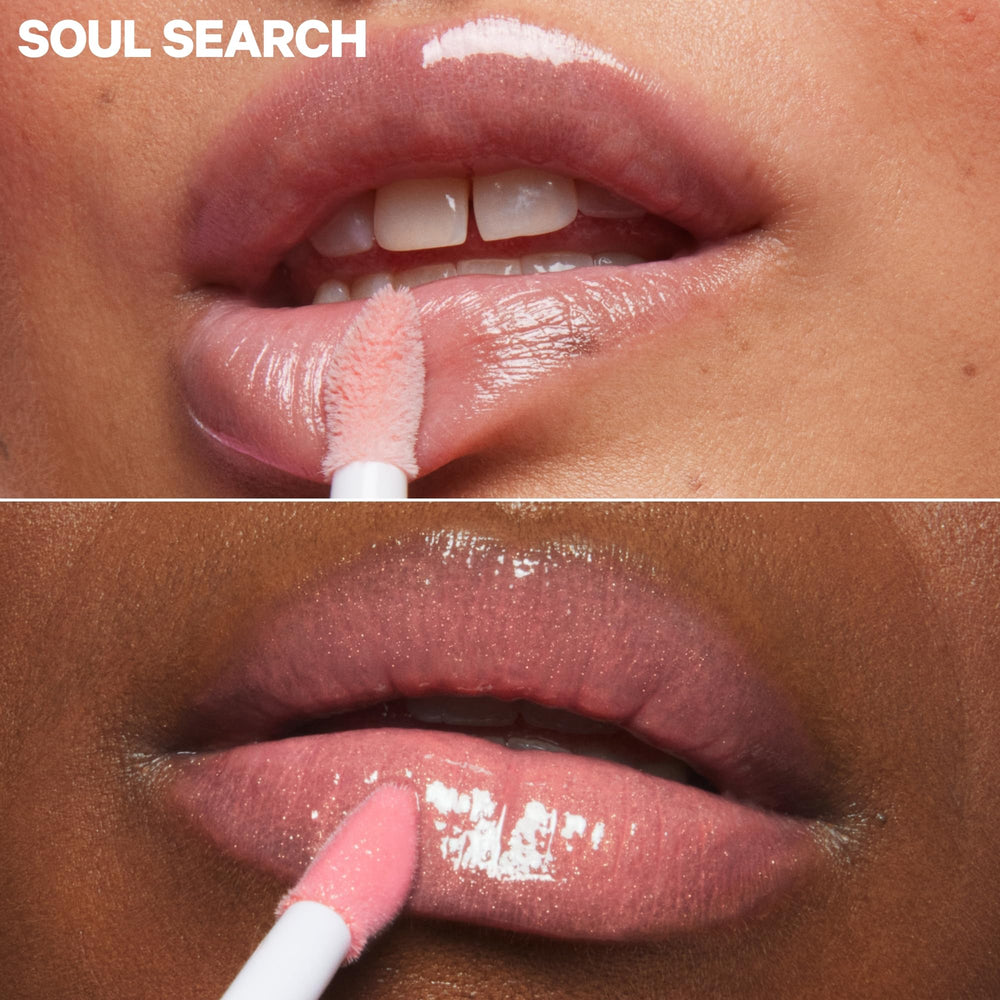 Milk Makeup Odyssey Lip Gloss Soul Search swatch on skin showing pink shimmer