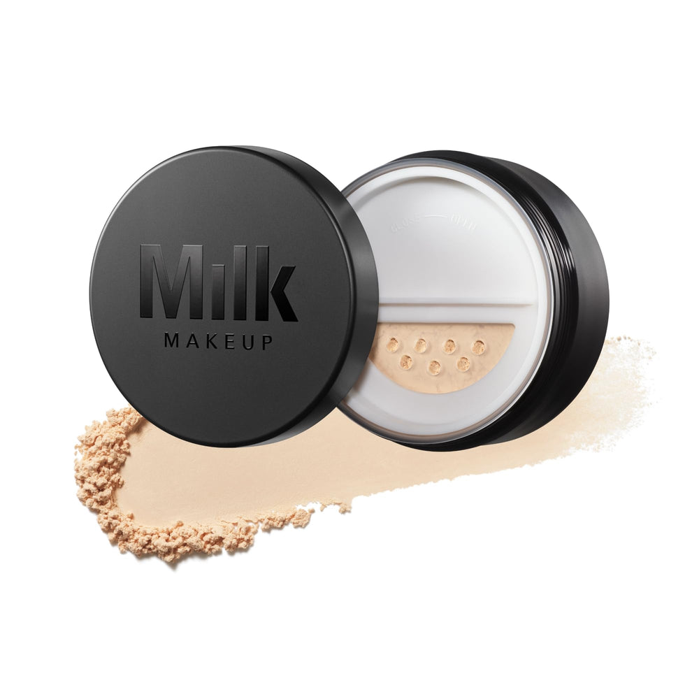 Milk Makeup Pore Eclipse powder jar closeup shows a smooth matte finish.