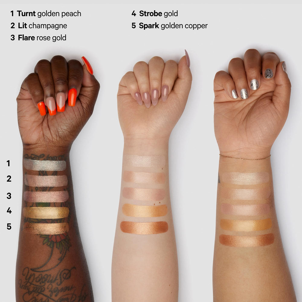 Milk Makeup Turnt highlighter on legs for even full-body sheen.
