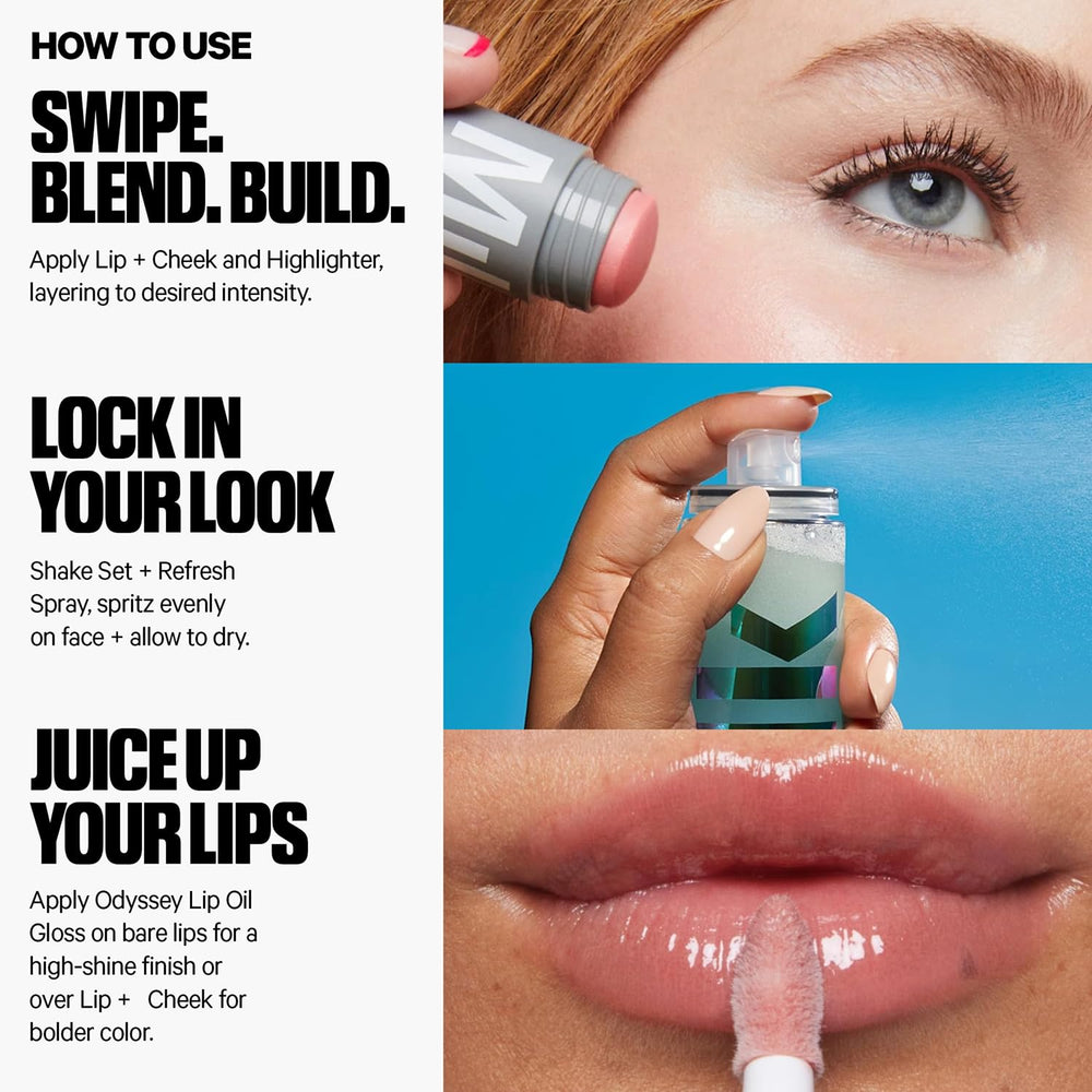 Milk Makeup Set + Refresh Spray being spritzed on face.