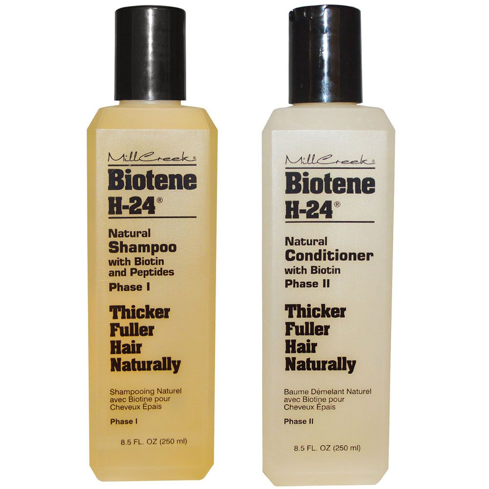 Mill Creek Biotene H-24 shampoo bottle front shows hydrating formula for smoother hair