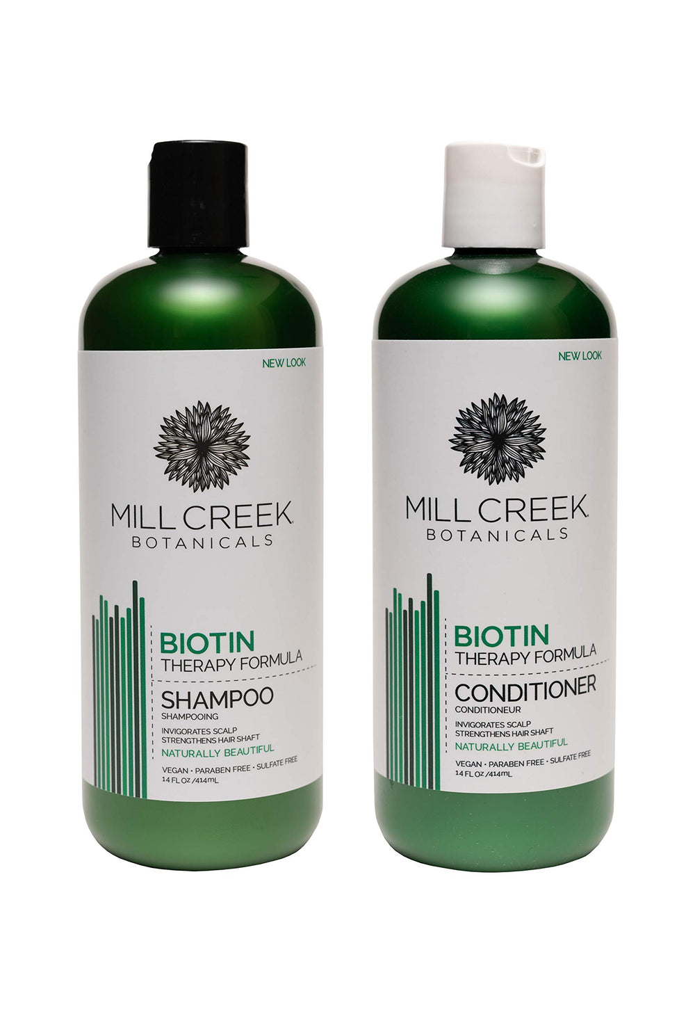 Mill Creek Botanicals Biotin Shampoo and Conditioner bundle bottles promote hair strength and nourishment.