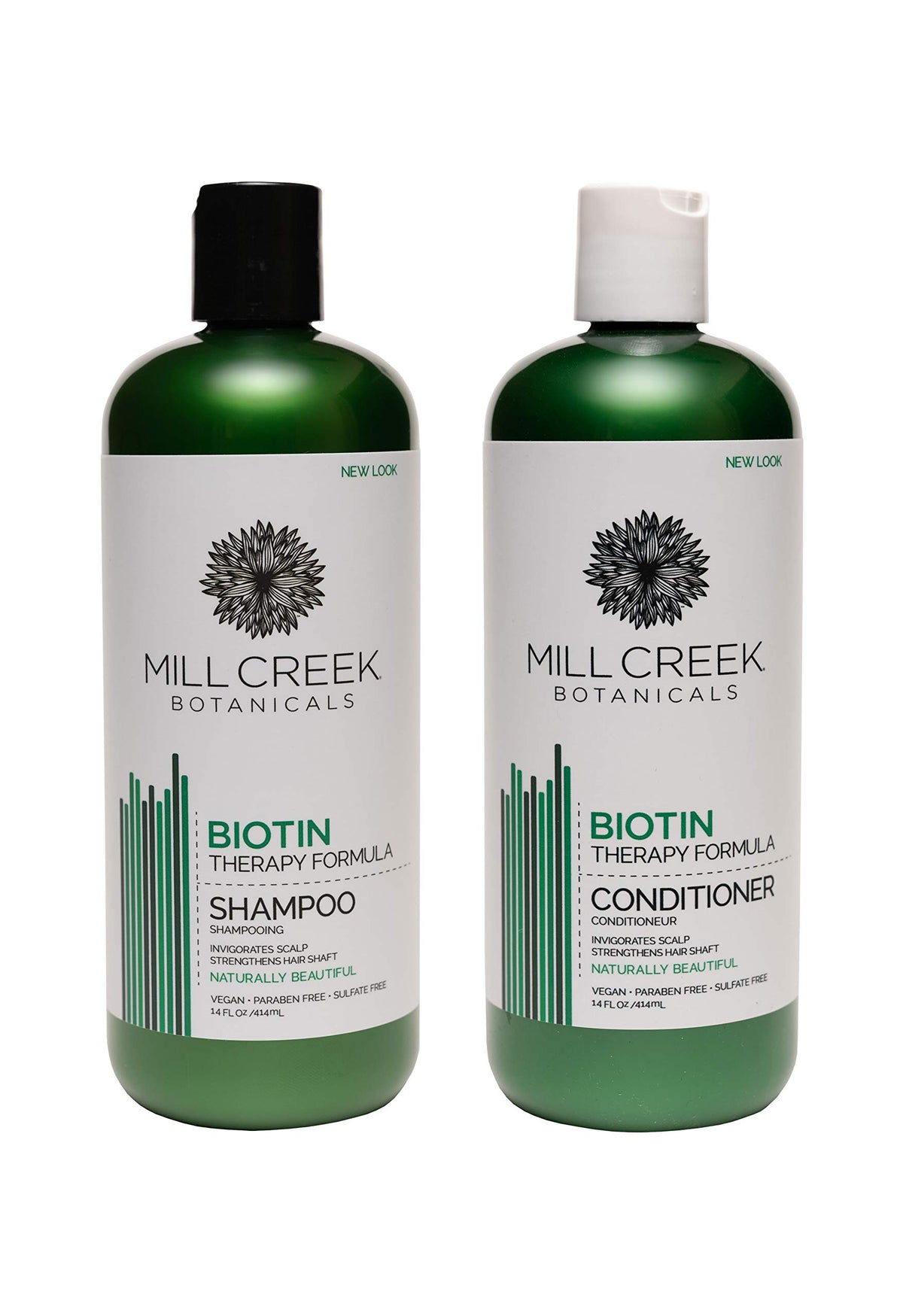 Mill Creek Botanicals Biotin Shampoo and Conditioner bundle bottles promote hair strength and nourishment.