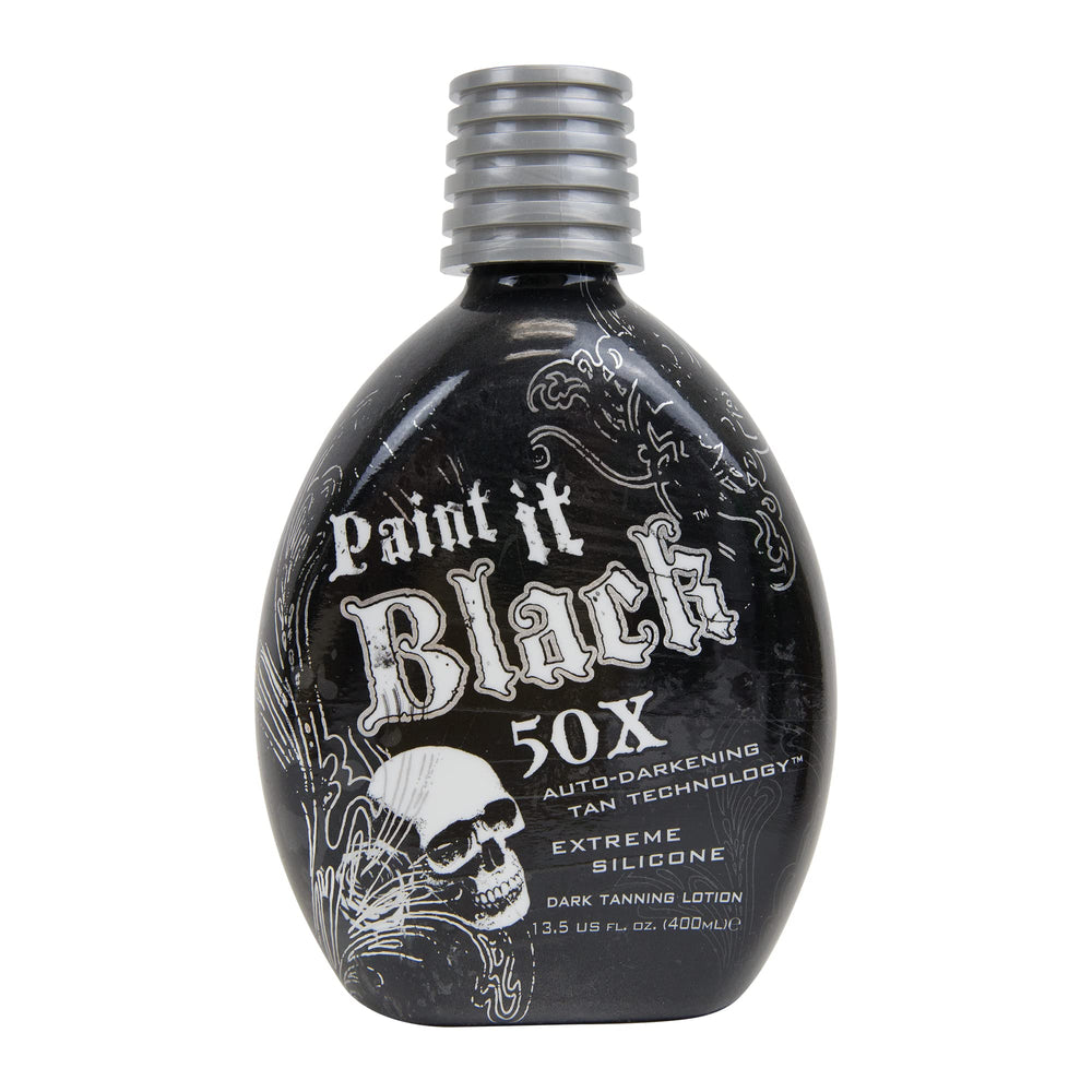 Millennium Tanning Paint It Black 50x bottle highlights fast-acting tanning for deeper color.