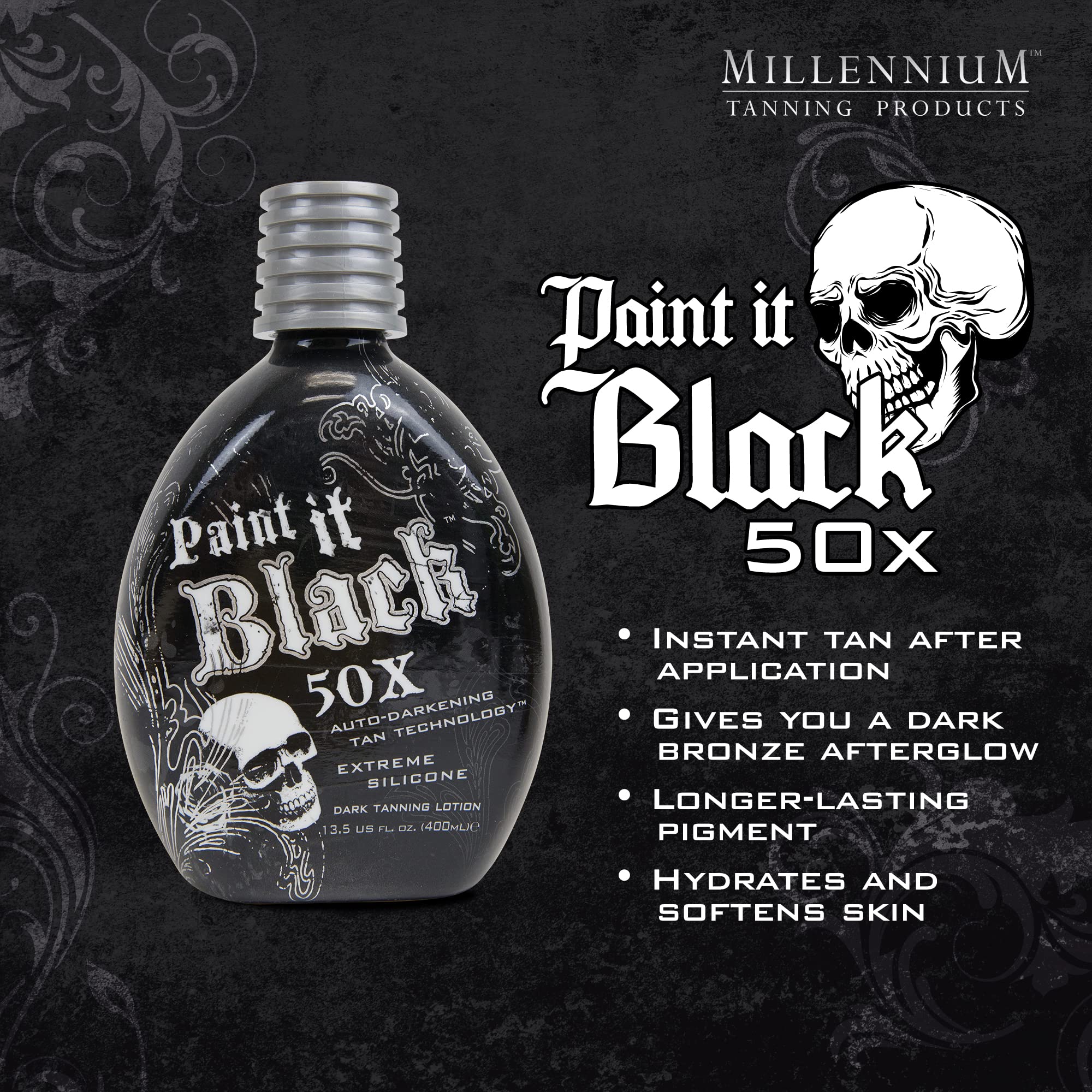 Millennium Tanning Paint It Black 50x lotion swirl demonstrates rich bronzing and even application.