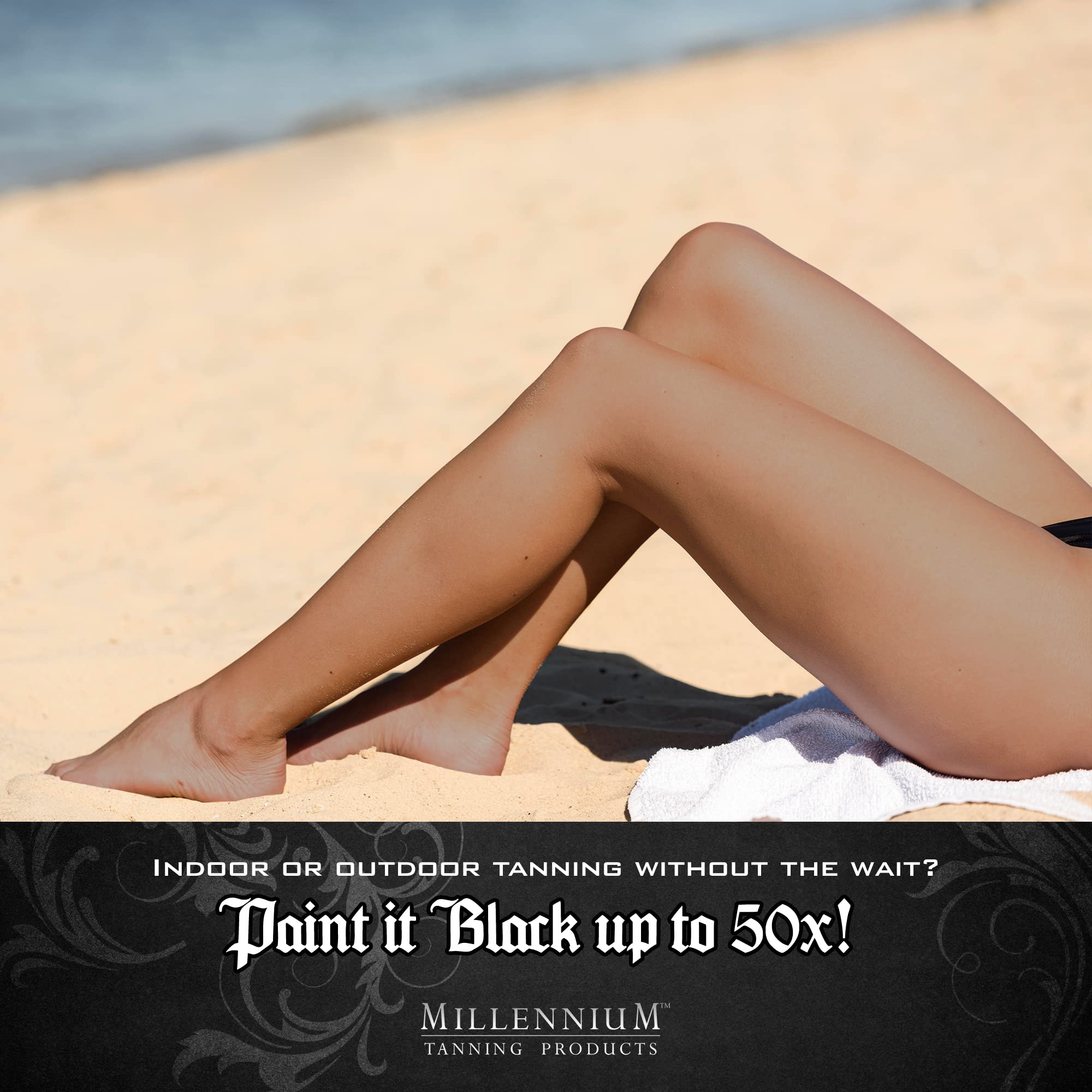 Millennium Tanning Paint It Black 50x tan swirl on skin suggests dark, bronzed possibilities.