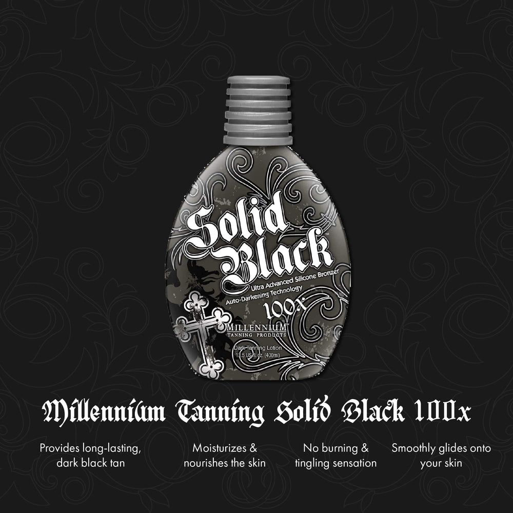 Millennium Tanning SOLID BLACK 100X bottle front label highlights premium indoor outdoor tanning benefits