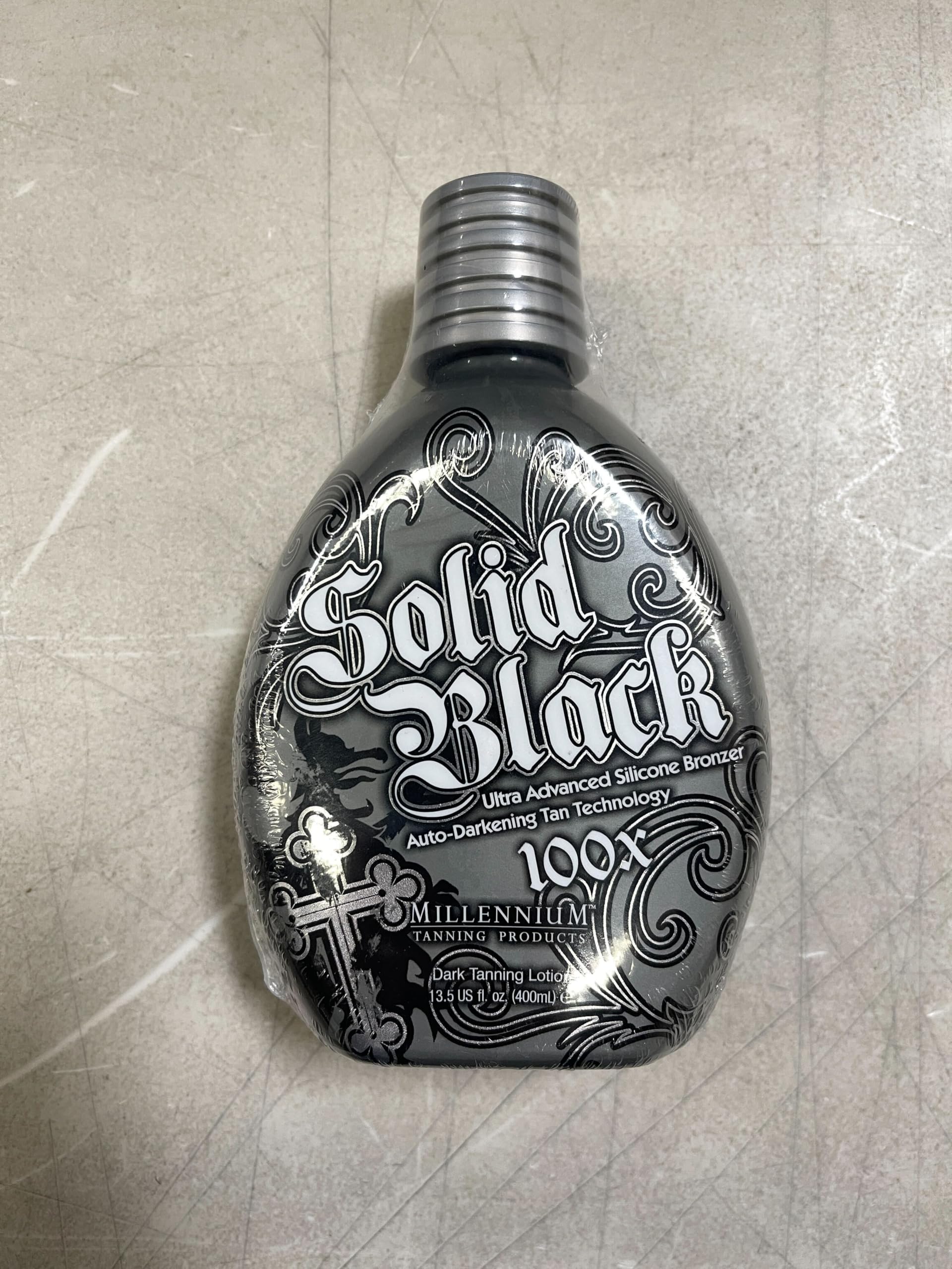 Millennium Tanning SOLID BLACK 100X packaging 400ml highlights generous bottle size for ongoing use