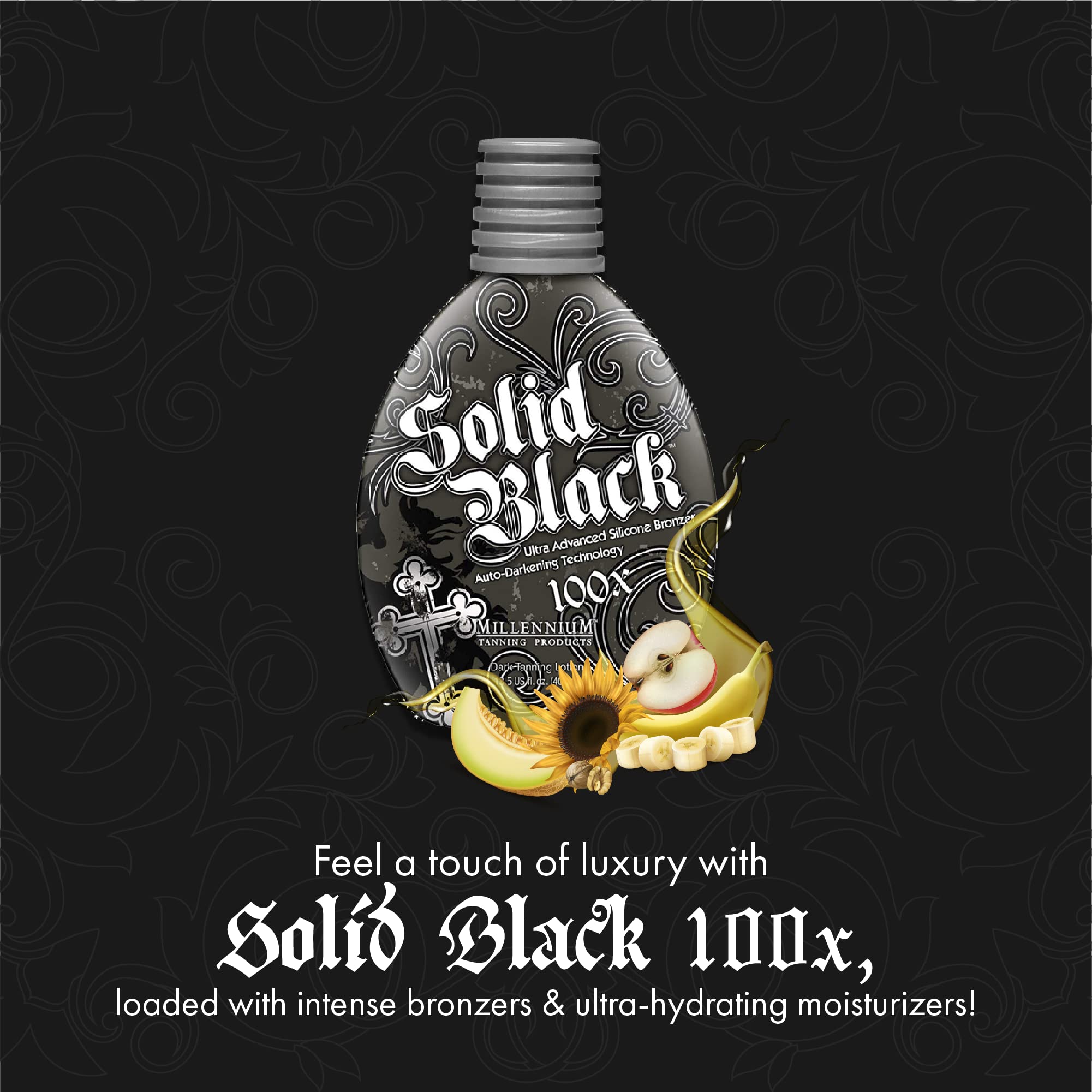 Millennium Tanning SOLID BLACK 100X vitamin enriched skin highlights nourishing benefits for soft feel
