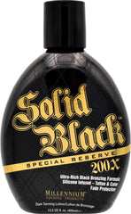 Millennium Tanning Solid Black 200X bottle closeup for ultra-bronze results.