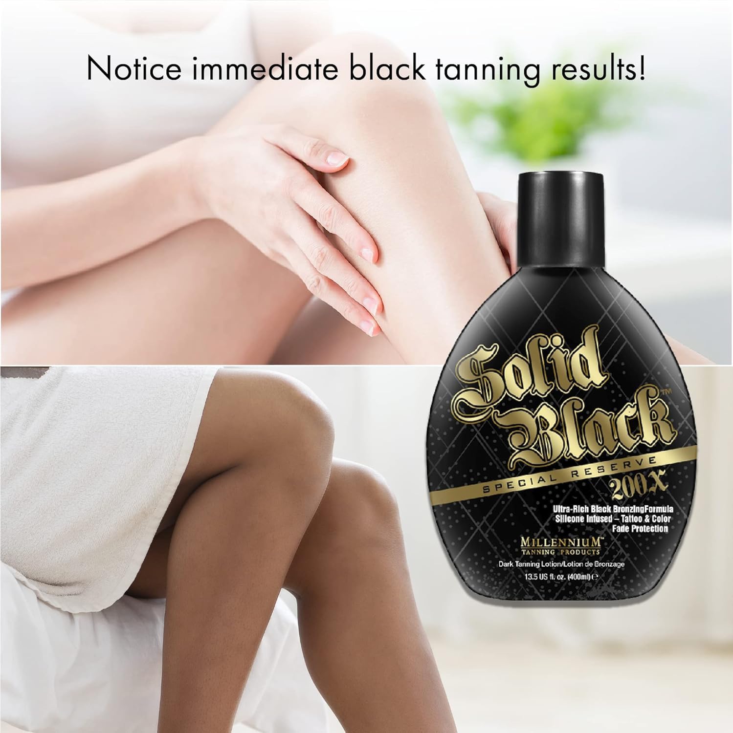 Millennium Tanning Solid Black 200X color fade defense boosts longevity.