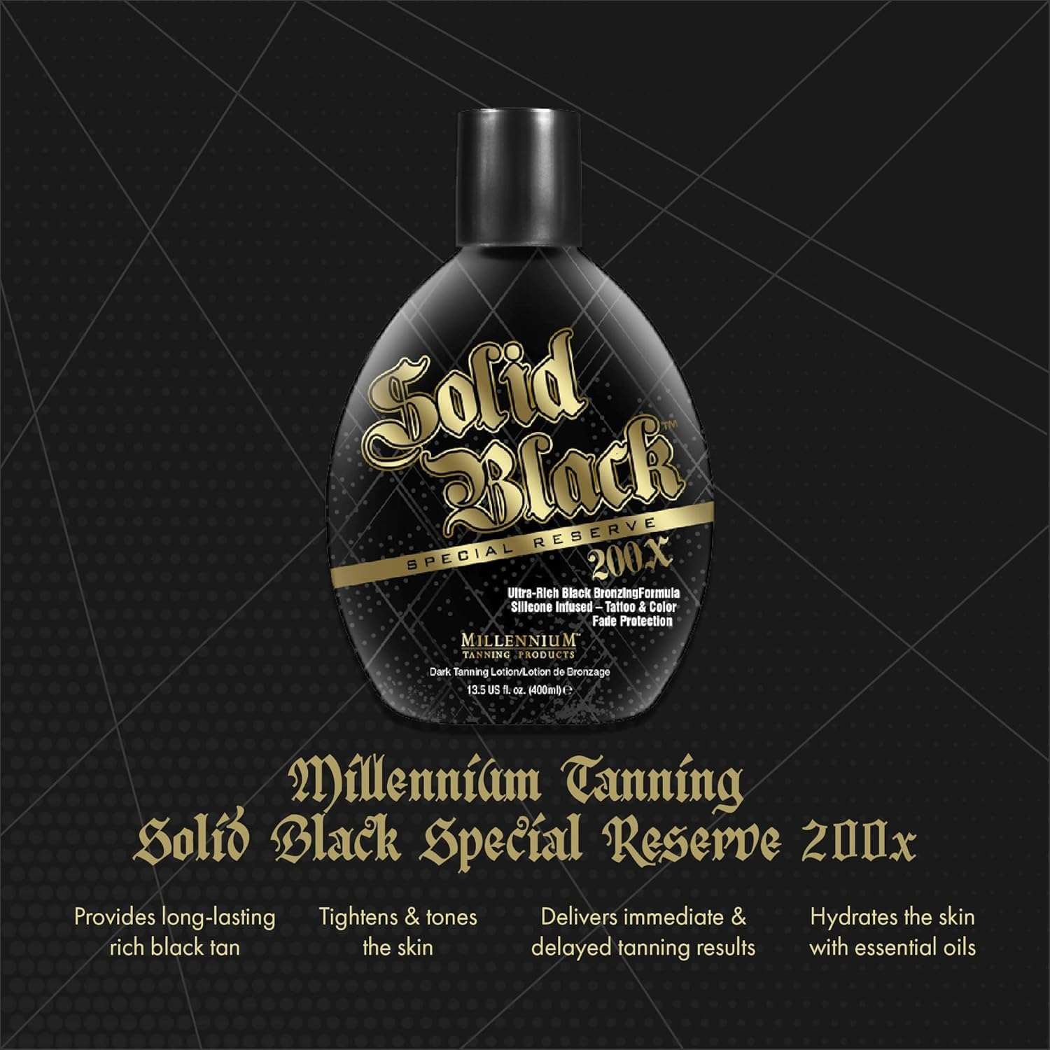 Millennium Tanning Solid Black 200X natural bronzers for genuine glow.