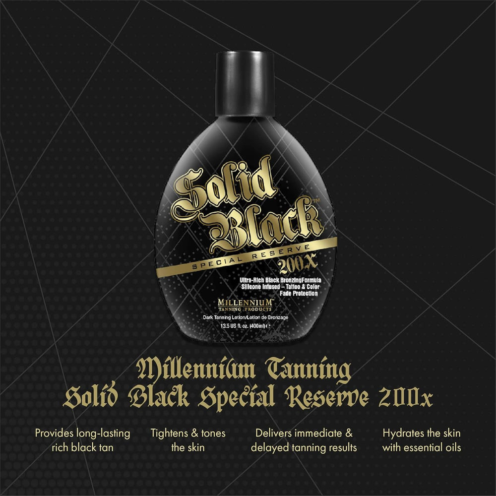 Millennium Tanning Solid Black 200X natural bronzers for genuine glow.