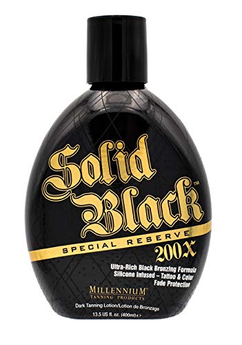 Millennium Tanning Solid Black 200X tattoo protector label highlights color defense.