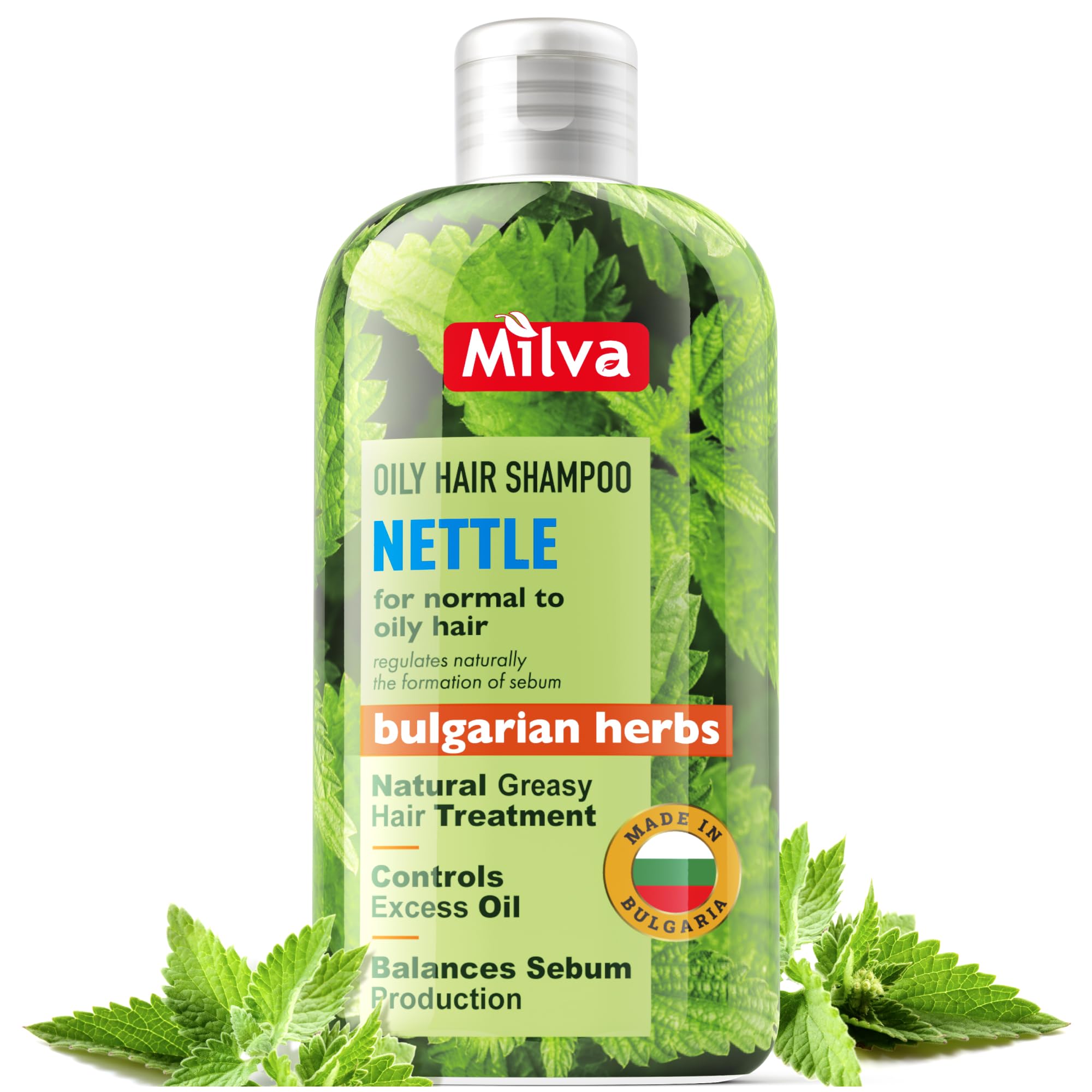 Milva Nettle Shampoo bottle front highlights oil control and fresh cleansing for greasy roots.