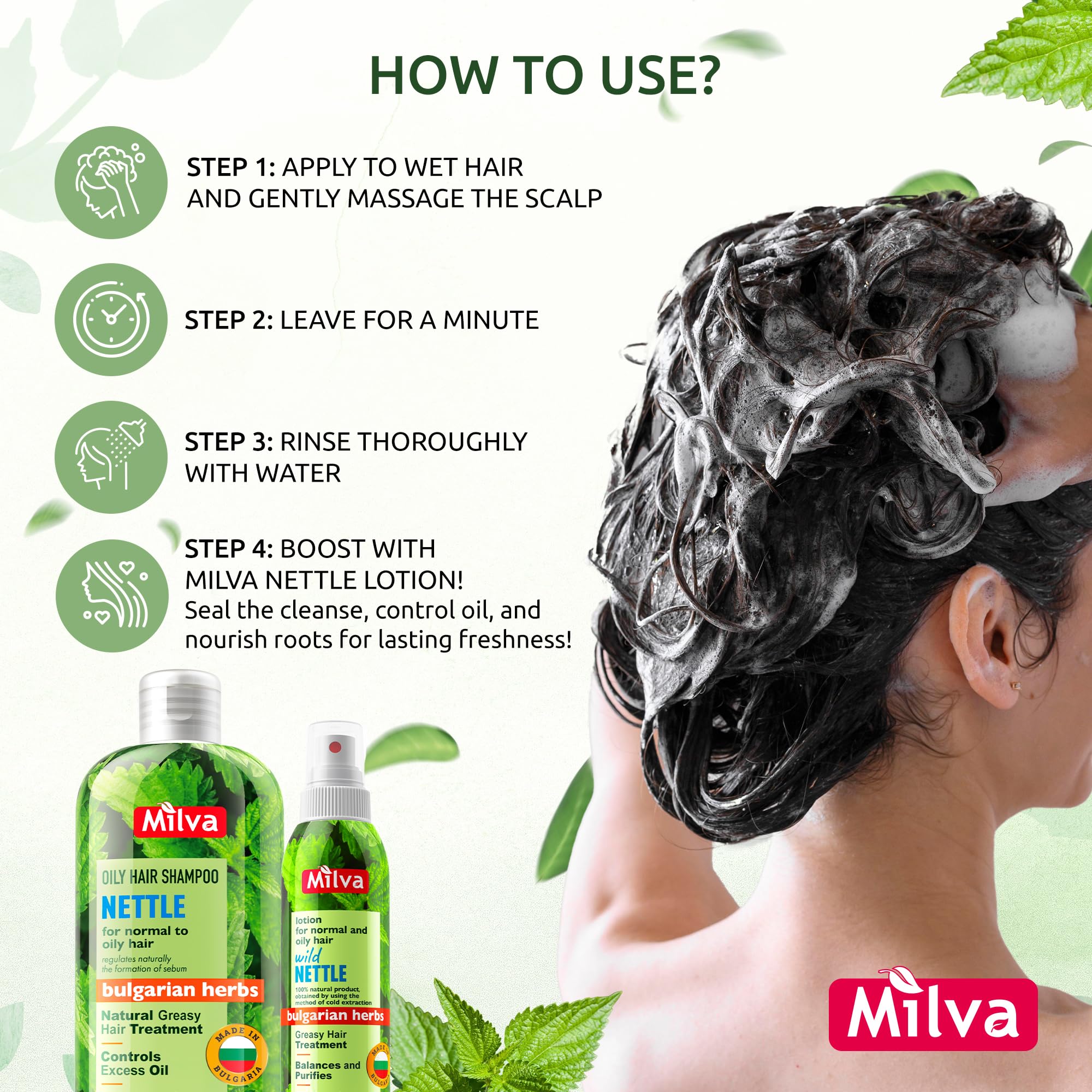 Milva Nettle Shampoo Bulgarian-made label emphasizes European standards for hair health.