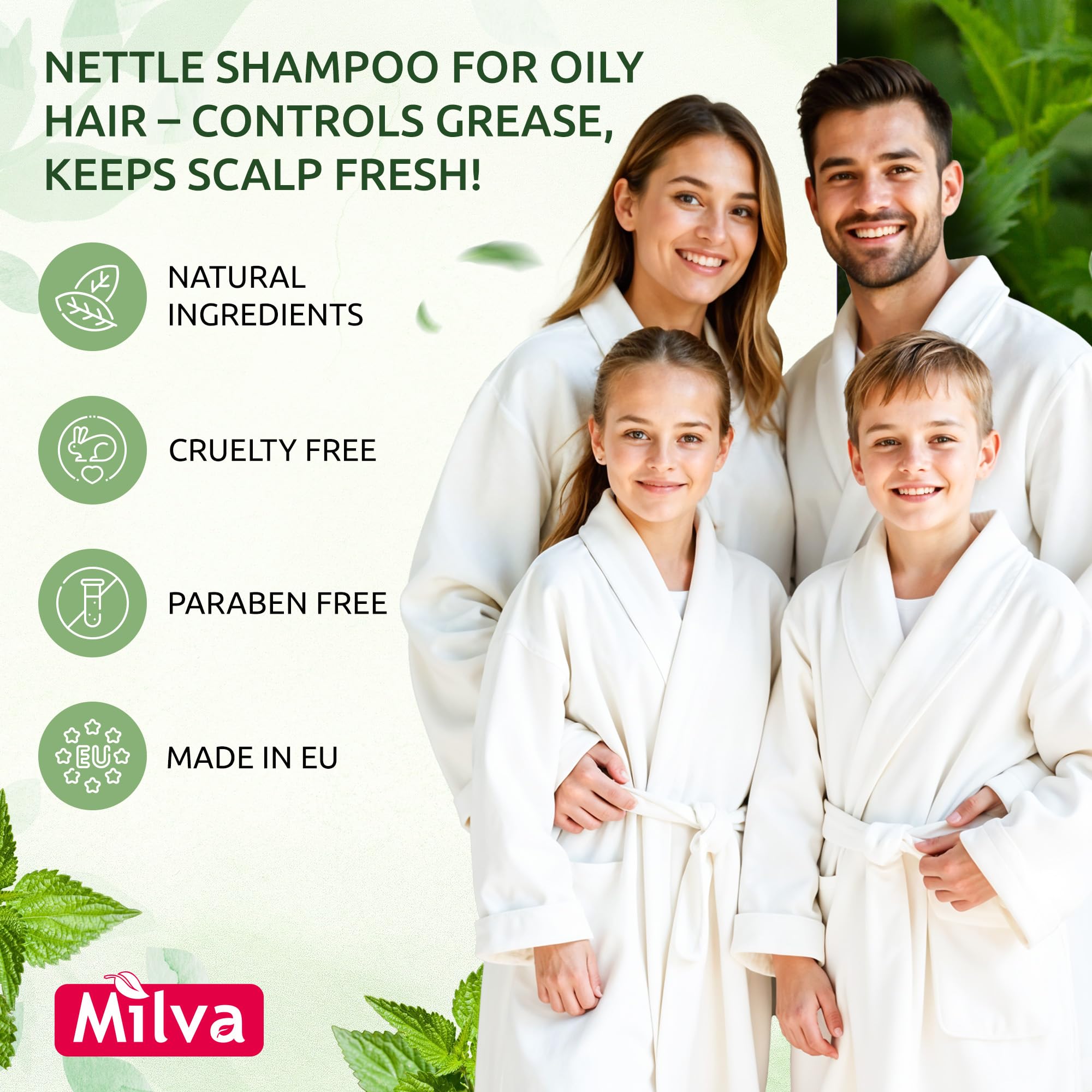 Milva Nettle Shampoo poured into hand shows easy lather for gentle cleansing of oily scalps.