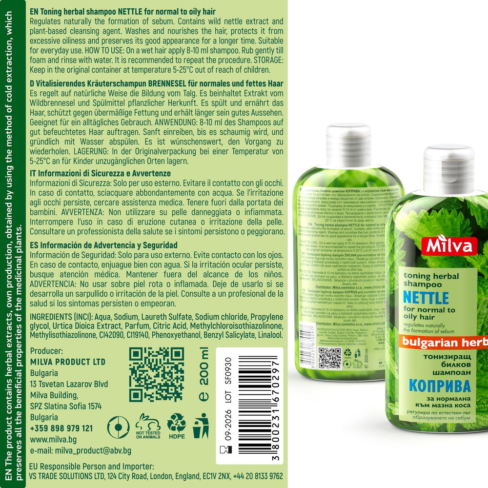 Milva Nettle Shampoo rinsing-routine depicts easy wash for greasy roots and refreshed feel.