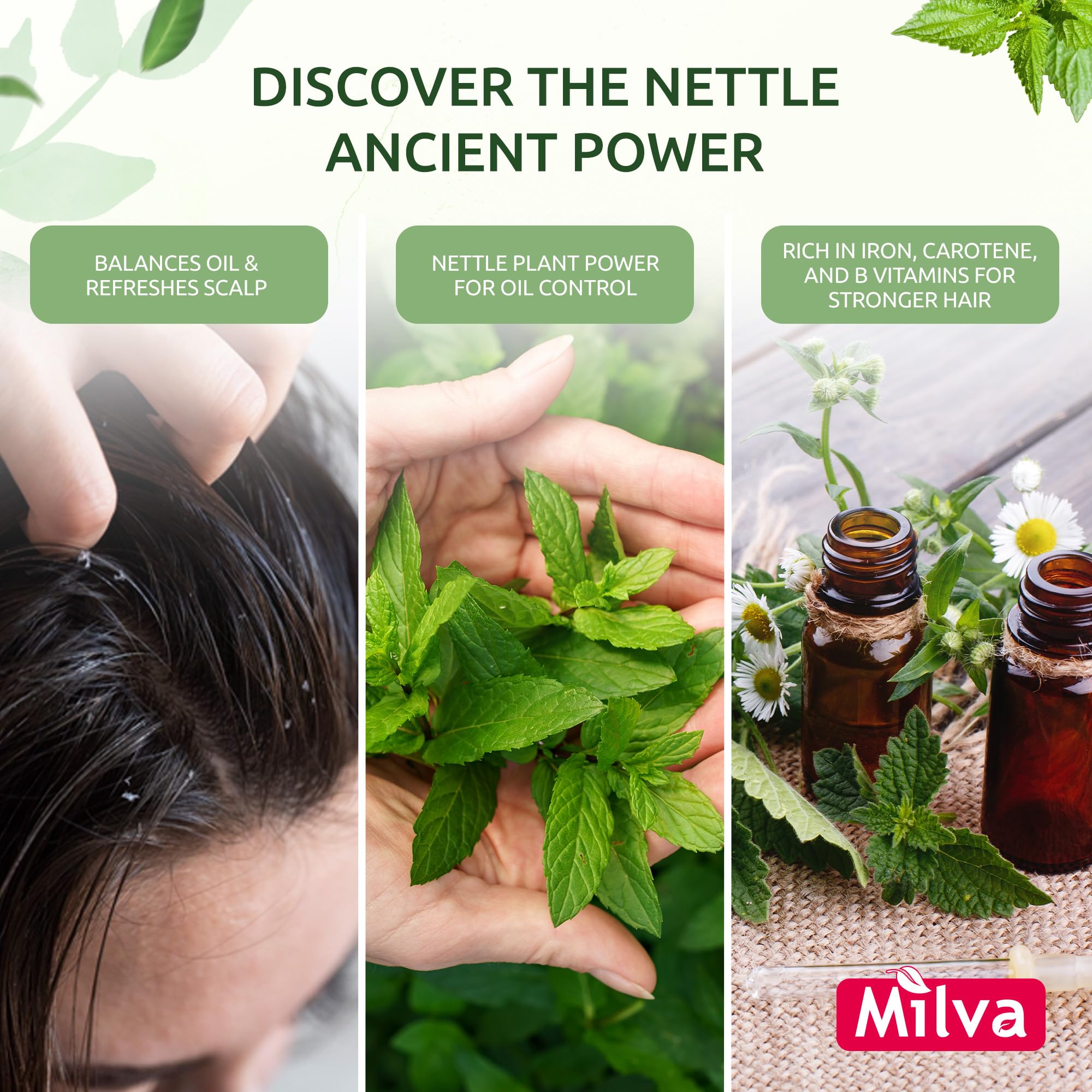 Milva Nettle Shampoo scalp-action shows purifying cleanse ideal for oily-prone hair.