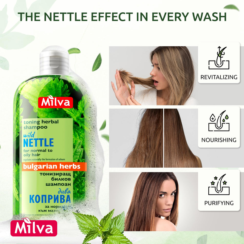 Milva Nettle Shampoo volume-shine captures boosted body and luster for dull roots.