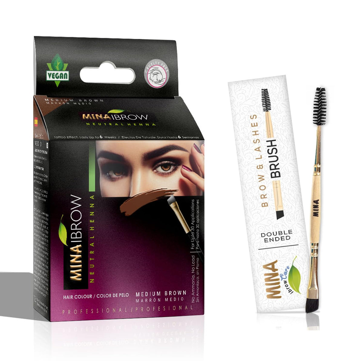 MinaiBrow Medium Brown tinting powder packaging highlights natural ingredients