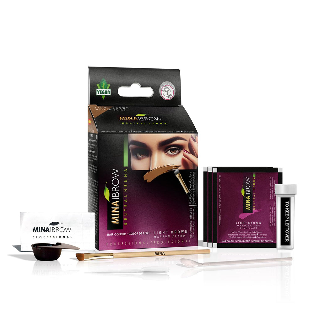 MinaiBrow instant hair dye kit light brown packaging showing product ready for at-home color