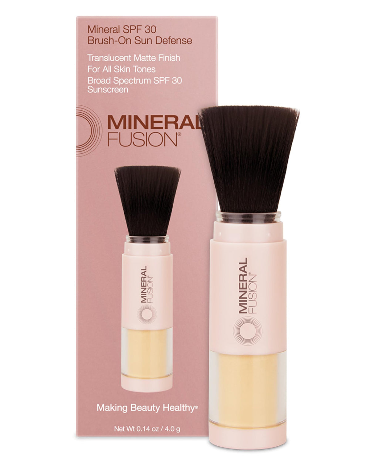 Mineral Fusion brush-on sunscreen compact close-up with translucent matte finish for daily wear.