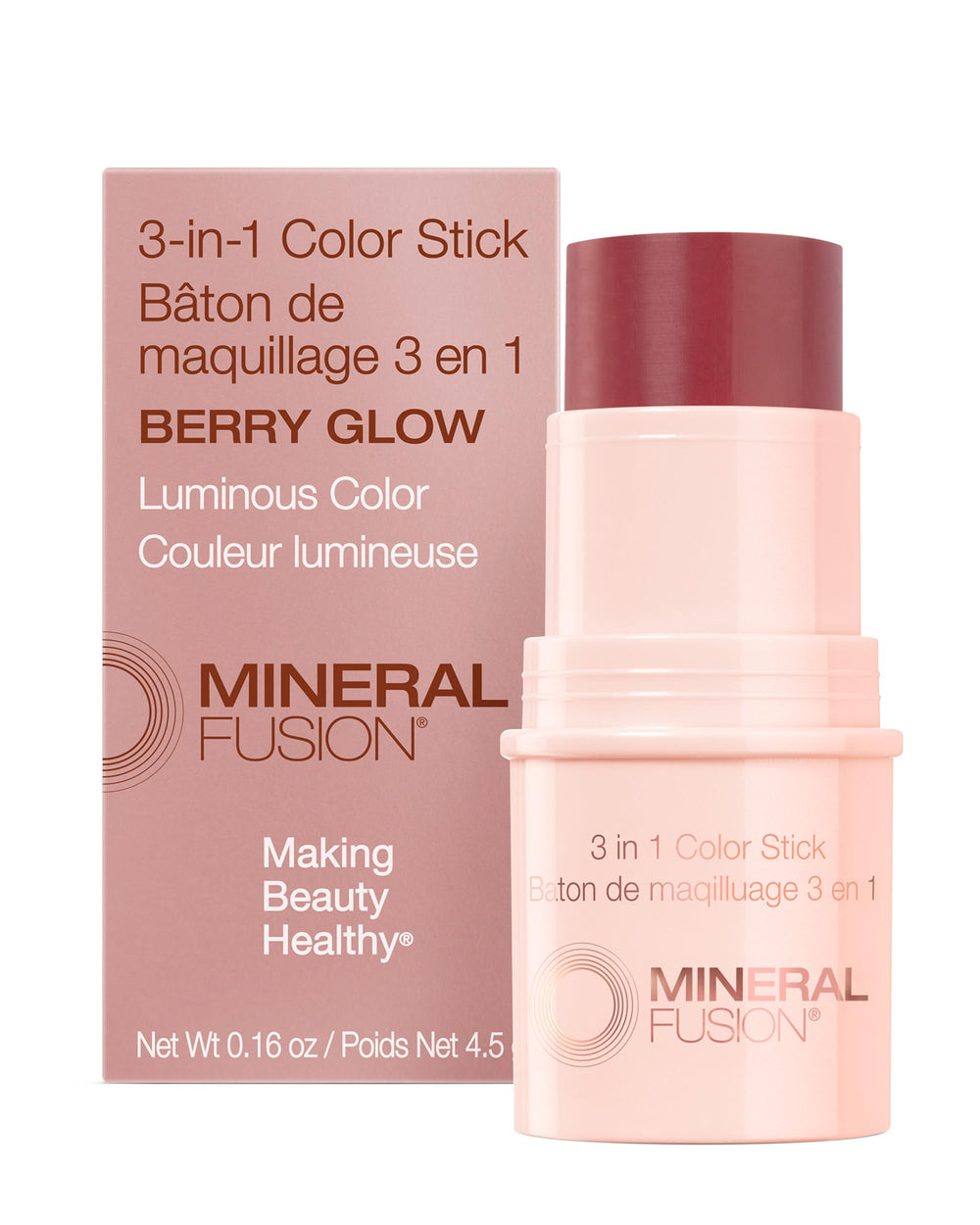 Mineral Fusion Color Stick Berry Glow tube swatch shows buildable, hydrating color for cheeks