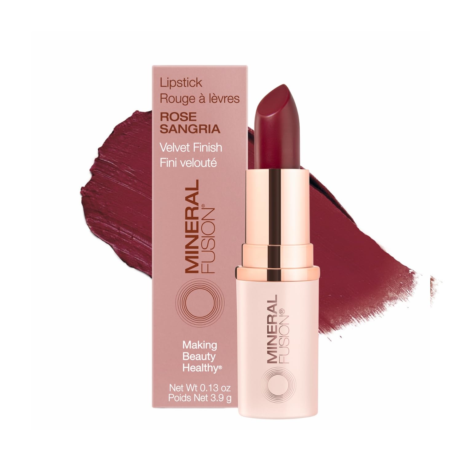 Labial Mineral Fusion Rosa Sangría: aplicación suave y color intenso para todo el día.
