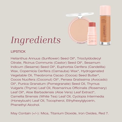 Mineral Fusion Lipstick Alluring glam look shows vibrant shade with antioxidant-rich formula.