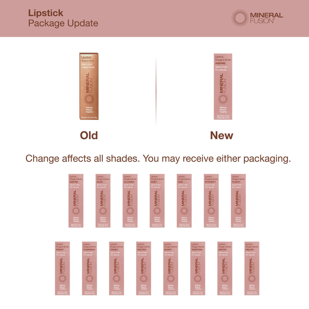 Mineral Fusion Lipstick Alluring velvet-finish swatch emphasizes color and lip comfort.