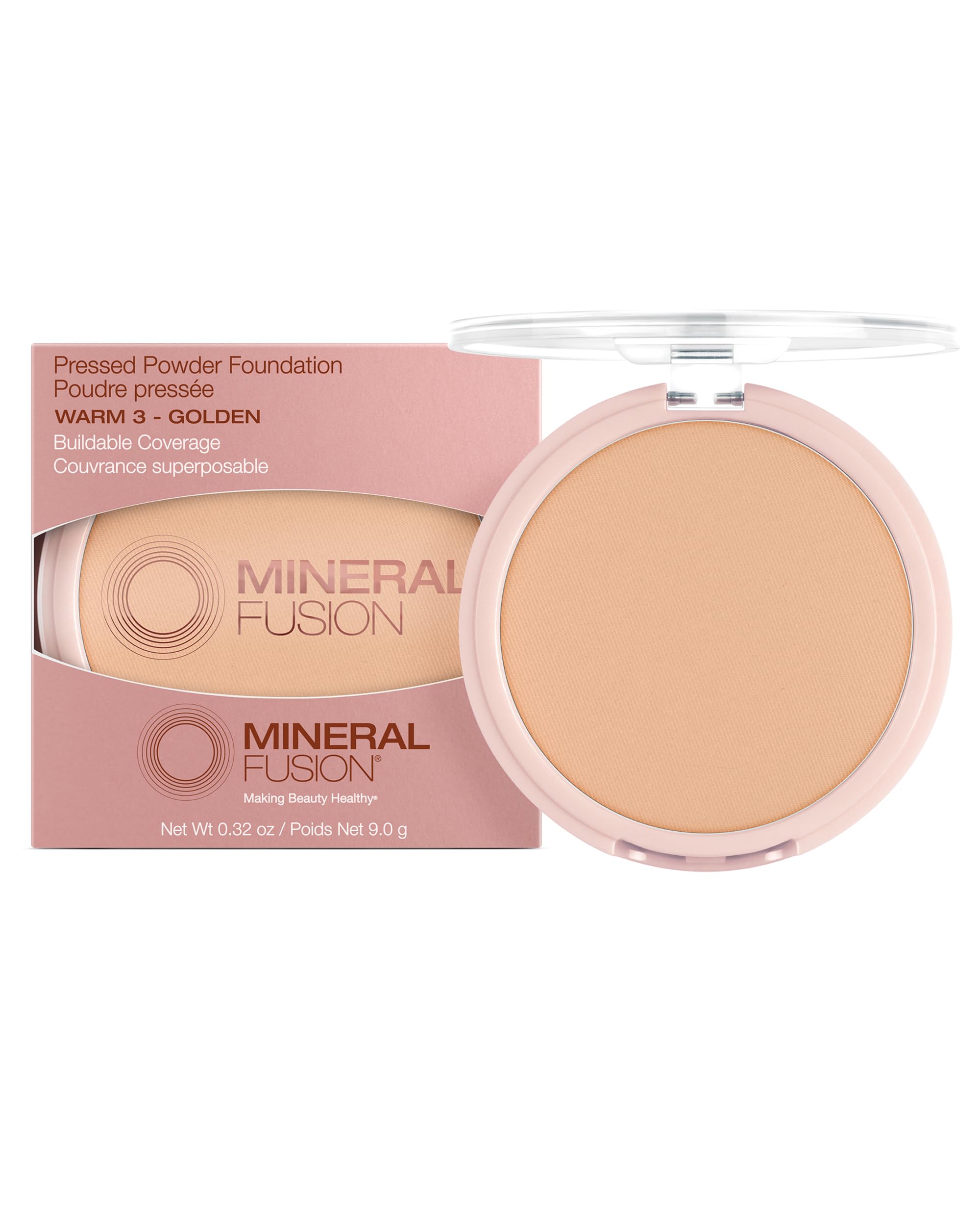 Mineral Fusion pressed powder foundation matte finish close-up shows shine control for a photo-ready look.
