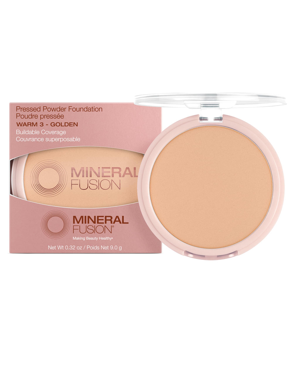 Mineral Fusion pressed powder foundation matte finish close-up shows shine control for a photo-ready look.