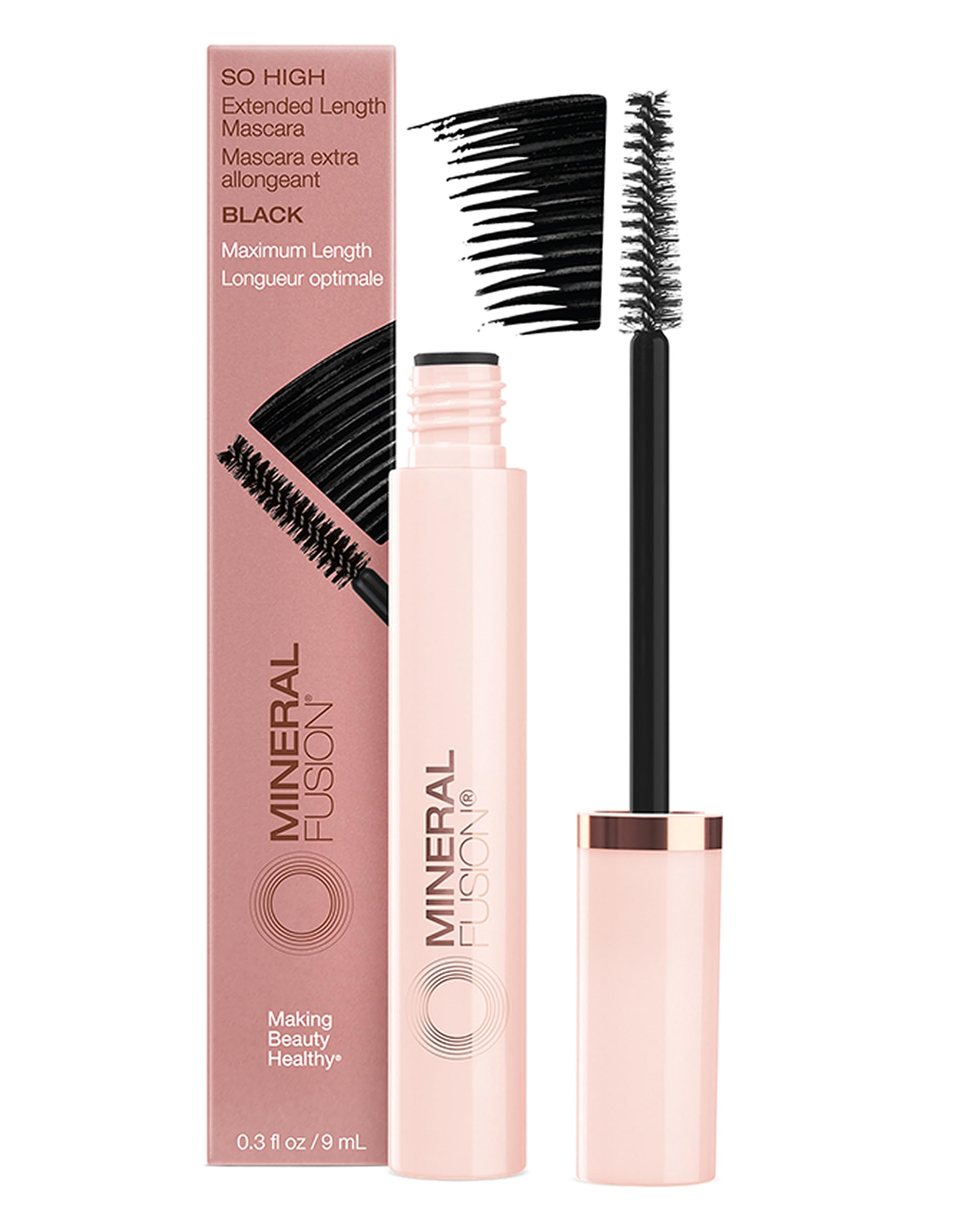 Mineral Fusion So High mascara black bottle closeup shows length and definition