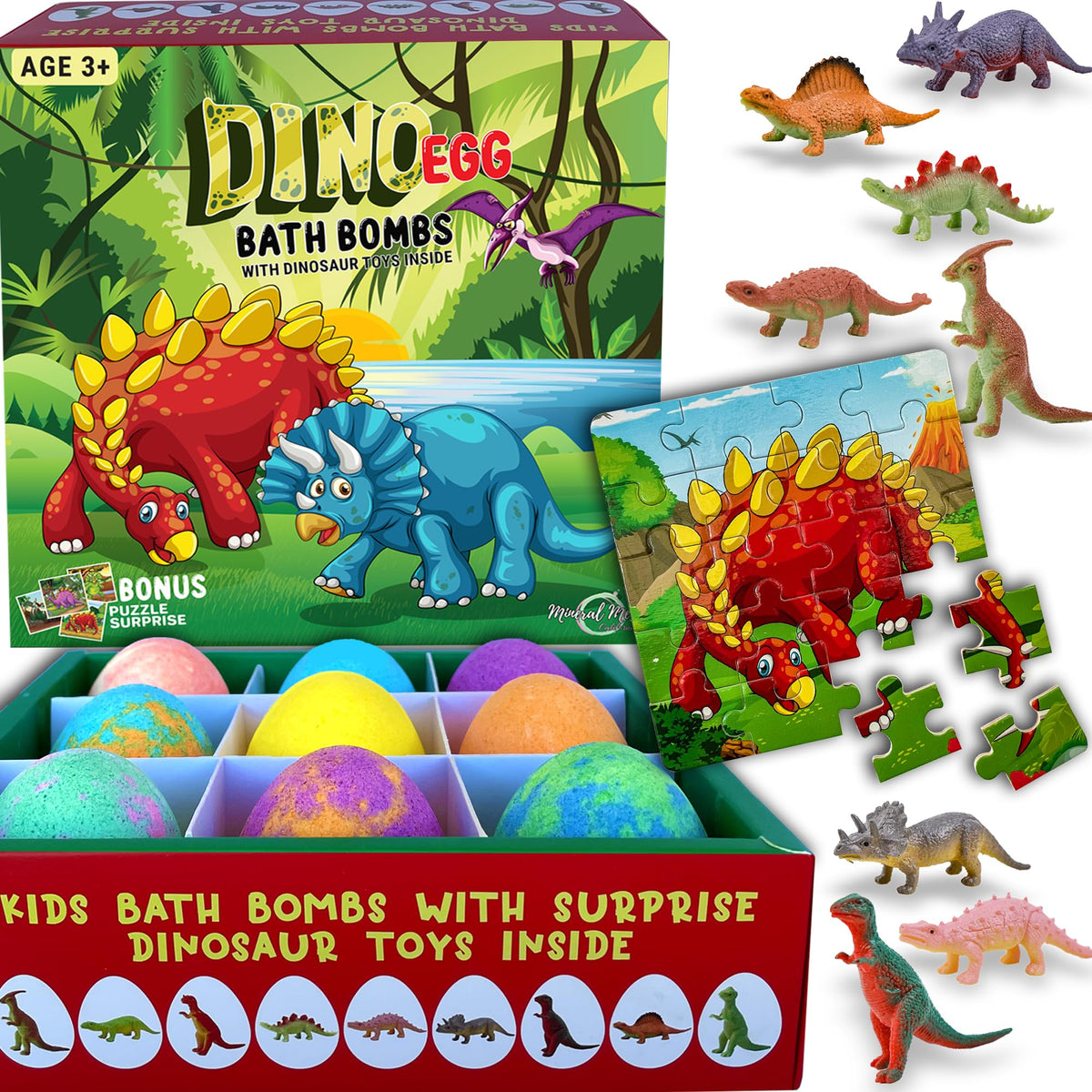 Mineral Me California bath bombs with dino eggs packaging deliver safe, colorful fizz for bath time.