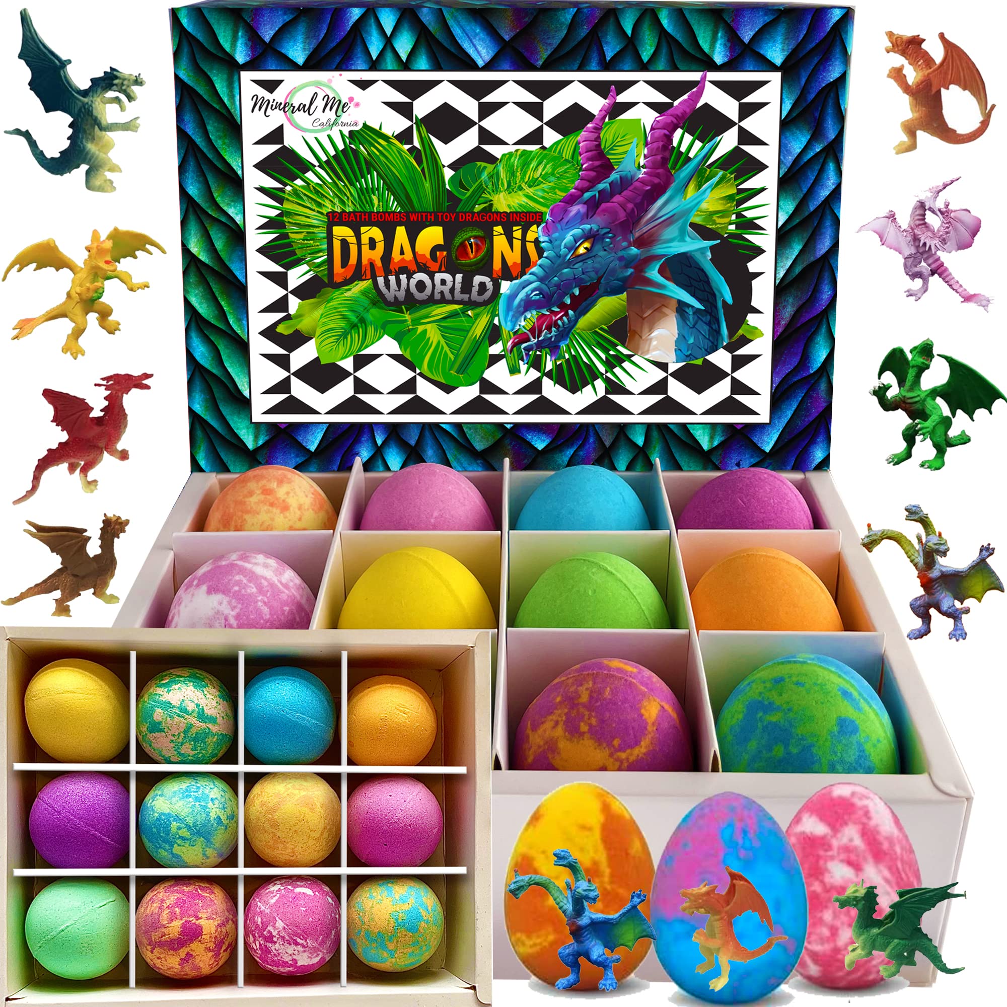 Mineral Me California bath bombs reveal dragon egg inside for kids' bath time fun.