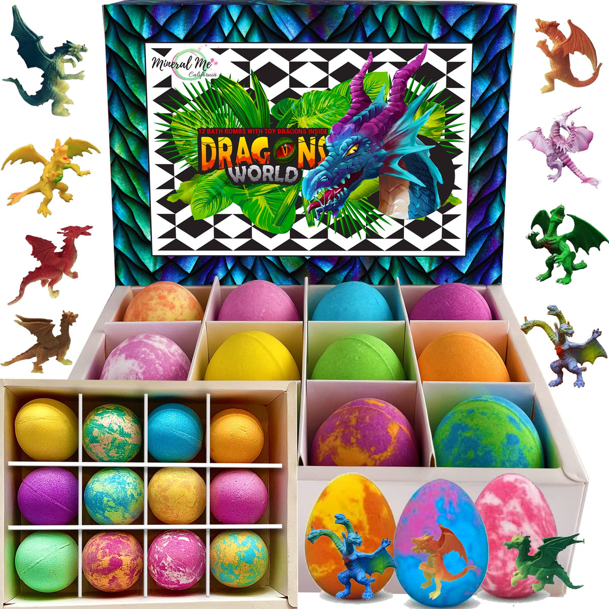 Mineral Me California bath bombs reveal dragon egg inside for kids' bath time fun.