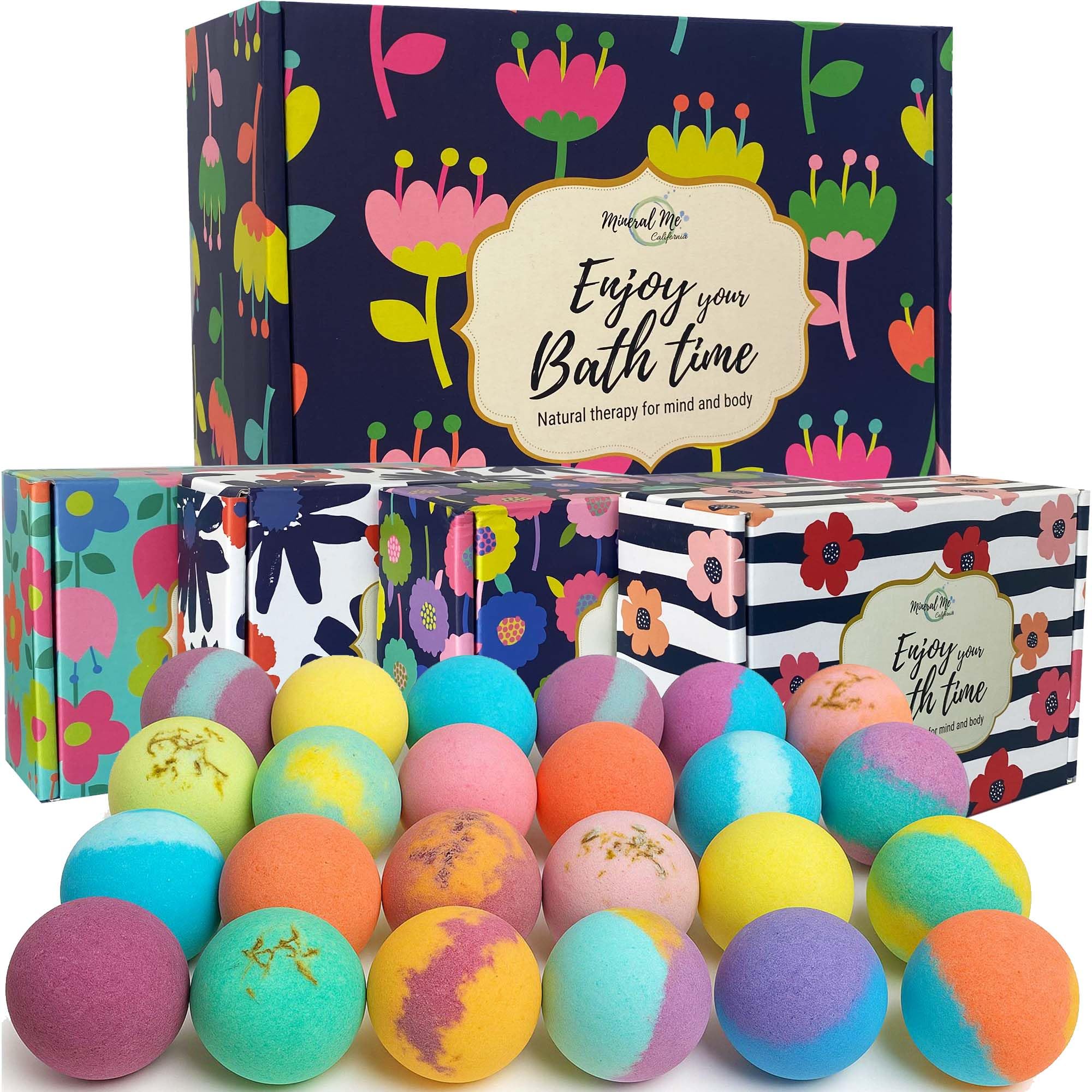 Mineral Me California bath bombs gift set 24-pack in gift-ready packaging for spa-like relaxation