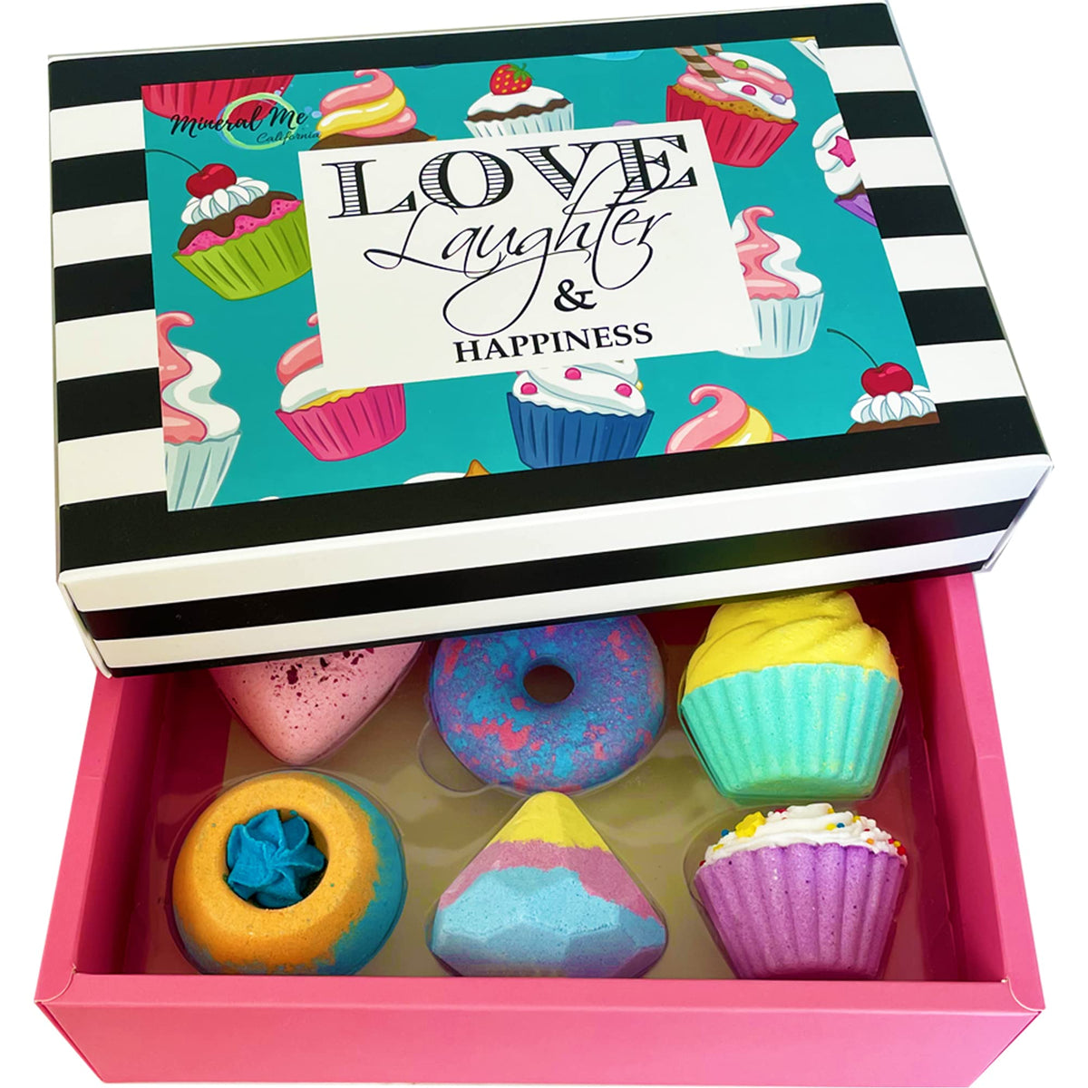 Mineral Me California bath bombs gift set cupcake-bomb visuals deliver colorful bubbles for a playful bath