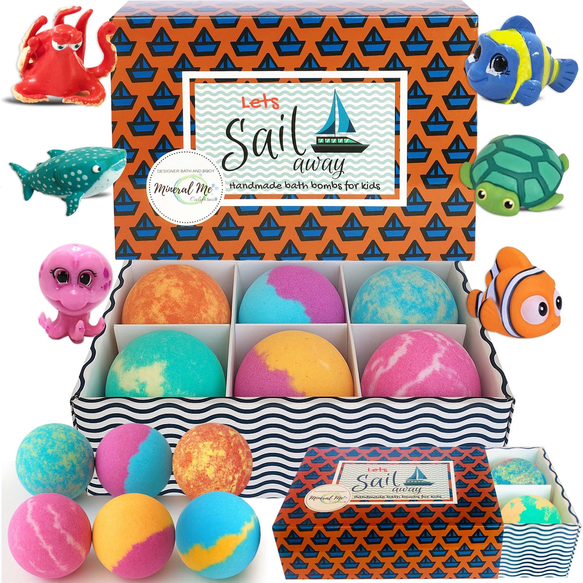 Mineral Me California bath bombs with toy inside reveal colorful bath-time surprises.