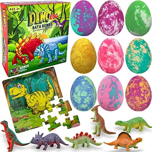 Mineral Me California dino egg bath bomb with surprise toy inside, energizing bath playtime.