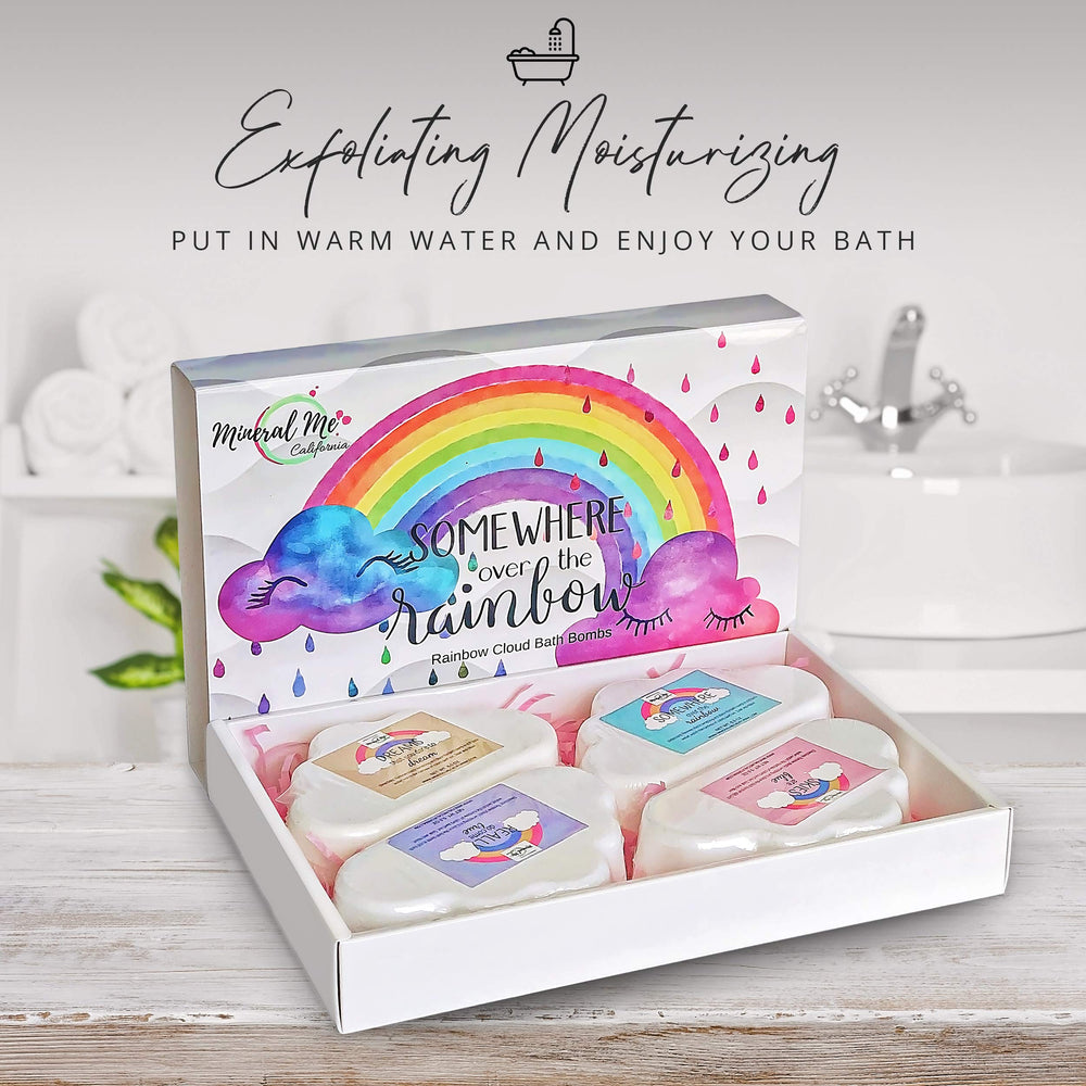 Mineral Me California Rainbow Cloud BathBomb Essential Oils and Natural Fragrances provide soothing scent.