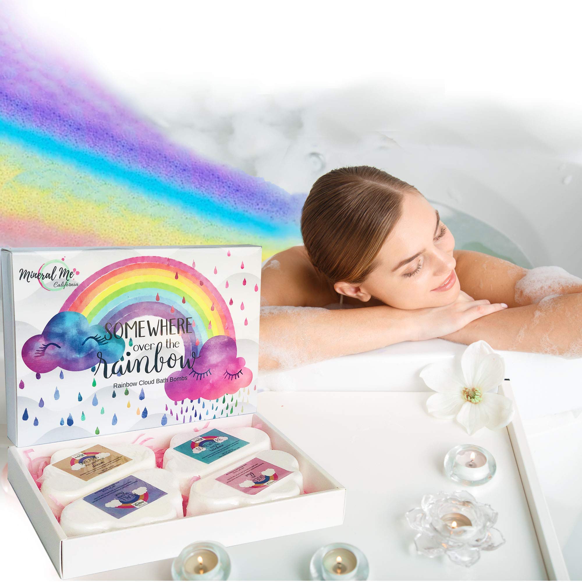 Mineral Me California Rainbow Cloud BathBomb moisturizes skin with sea salt and shea butter.