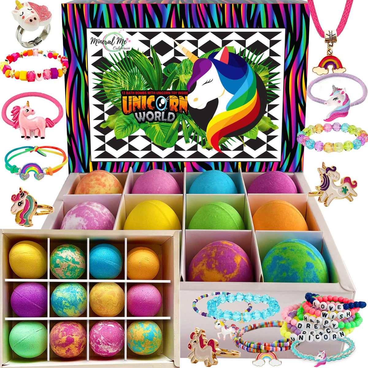 Mineral Me California unicorn bath bomb packaging with surprise jewelry for kid-friendly bath time fun